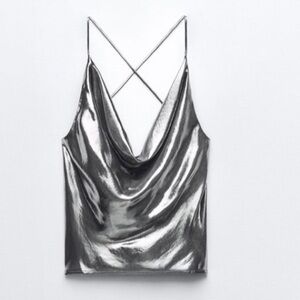 NWT ZARA Metallic Silver Cowl Neck Cami Top
